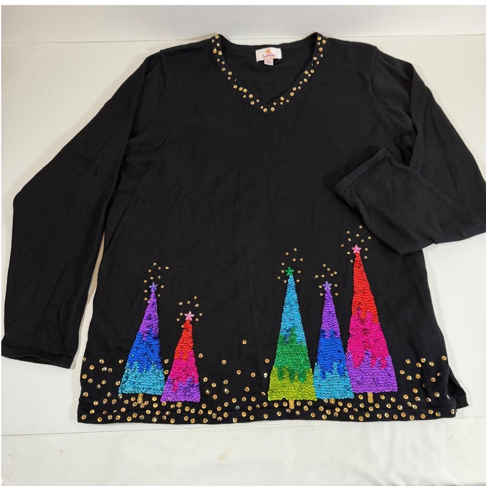 Quacker Factory XL Black Sequin Christmas Tree Sweater Colorful Holiday Bling